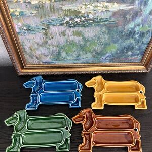 Colorful Vintage Dachshund Shaped Ceramic Hot Dog Plates